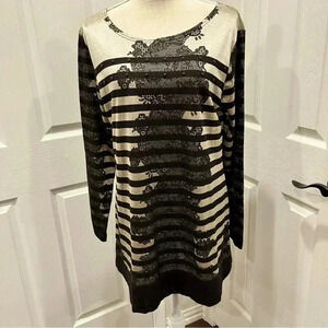 Isabel Gorgeous long lace Striped gold & black blouse shirt tunic w beading